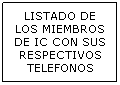 Cuadro de texto: LISTADO DE LOS MIEMBROS DE IC CON SUS RESPECTIVOS TELEFONOS
&nbsp;
