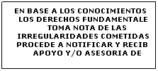 Cuadro de texto: EN BASE A LOS CONOCIMIENTOS DE LOS DERECHOS FUNDAMENTALES, TOMA NOTA DE LAS IRREGULARIDADES COMETIDAS Y PROCEDE A NOTIFICAR Y RECIBIR APOYO Y/O ASESORIA DE 
&nbsp;
&nbsp;
